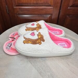 Pixie Bloom Dachshund Dog Slippers Womens Large White Pink New Valentines Cozy